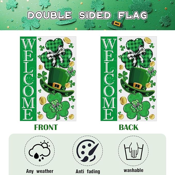 St Patrick's Day Garden Flag, 12x18 Inch Green Lucky Clovers Double Sided Flag for Courtyard Decoration, St Patrick's Day Welcome Outside Banner for Home Holiday Party Decoration