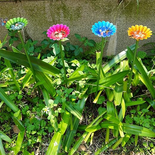 2 Pack Bee Watering Station, Bee Baths for Garden with Glass Marbles, Colorful Metal Butterfly Bird Water Feeder Supplies for Outdoor Garden Yard Farm Decor Flower Design (Blue,Yellow)