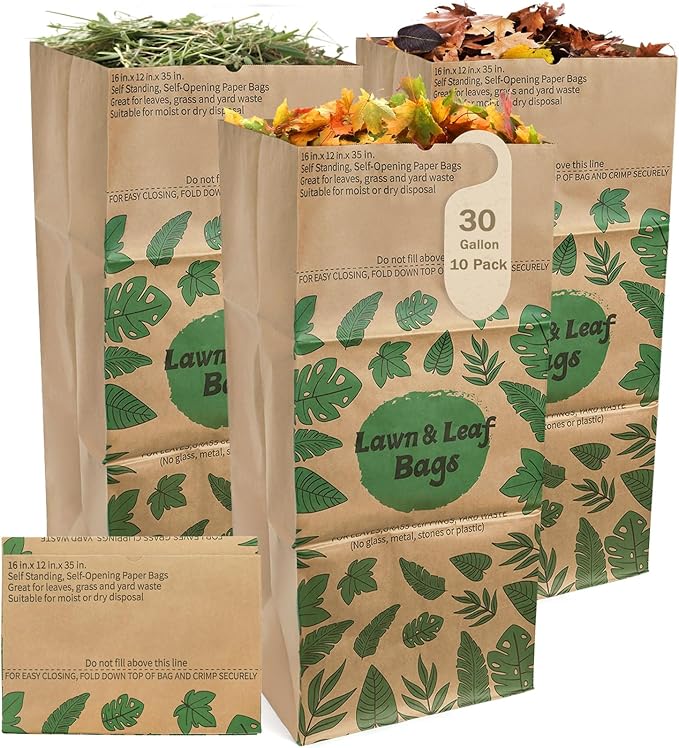 YOUEON 10 Pack 30 Gallon Leaf Bags Brown Paper, 2-Ply Heavy Duty Lawn and Refuse Bags, Yard Waste Bags for Home, Garden, Yard, Self Standing and Tear Resistant
