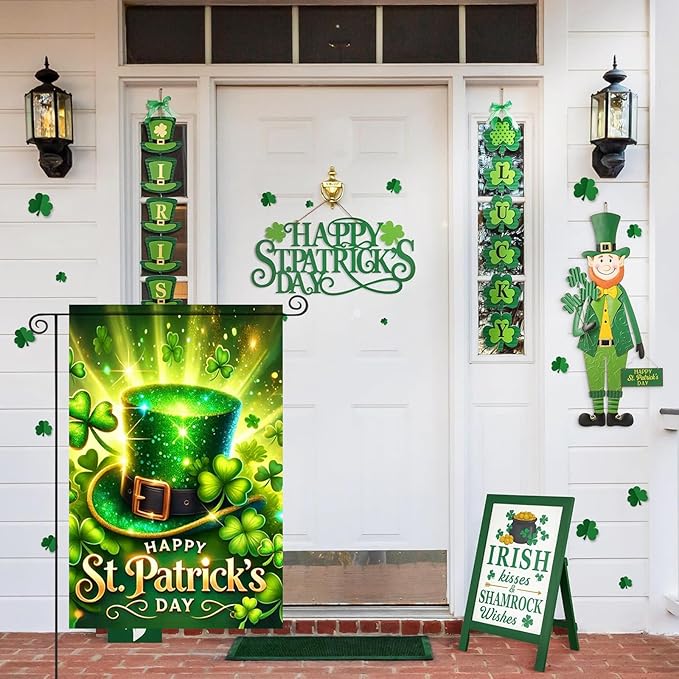 Happy St Patricks Day Garden Flag 12 x 18 inch Double Sided Outside Decorations,Spring Shamrock Green Hat Small Garden Flags For Outdoor Yard Lawn