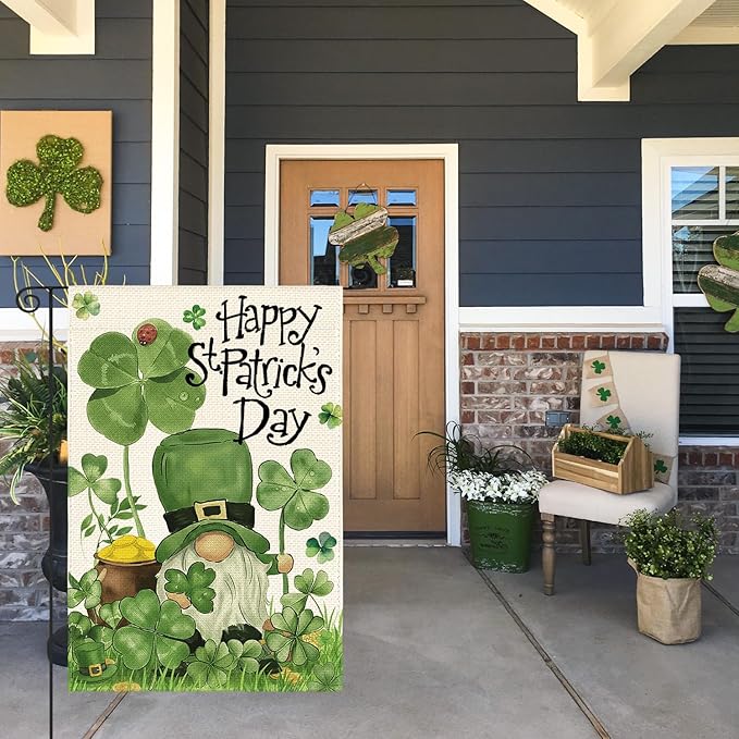 AVOIN colorlife Happy St Patricks Day Garden Flag 12x18 Inch Double Sided Outside, Leprechaun Gnome Lucky Clover Holiday Yard Outdoor Flag