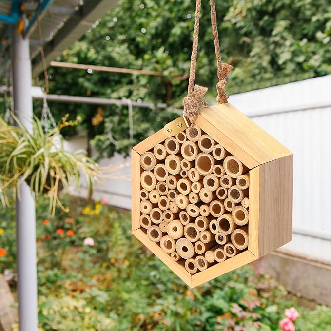 Leinuosen Mason Bee House for The Garden with DIY Painting Kits and 3 Felt Bee 6 Felt Flower Natural Handmade Wooden Box with Bamboo Tubes for Pollinators to Enhance Your Garden's Productivity