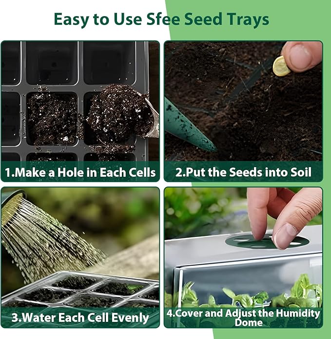 Sfee 10 Pack Seed Starter Tray Kit, 120 Cells Seedling Starter Trays with Humidity Dome and Base Greenhouse Growing Trays, Reusable Seed Germination Seedling Tray with Garden Tools Labels (Green)