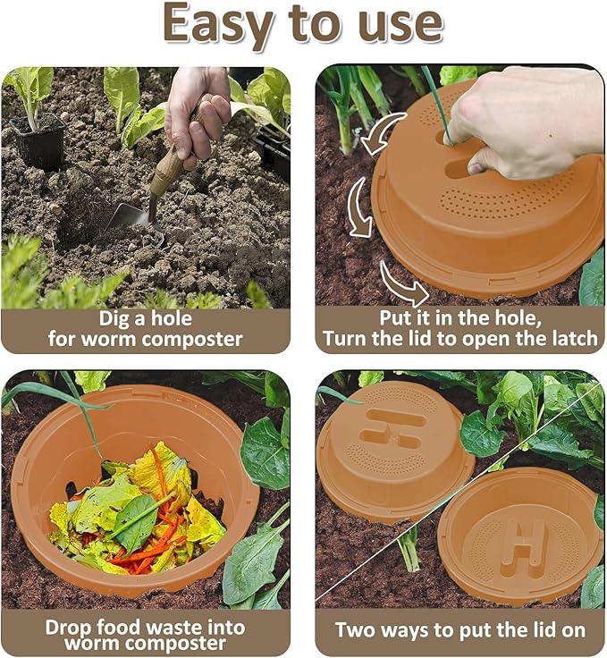 2-Pack InGround Compost Bin for Garden Beds, 8L Worm Composter Farm for Faster Composting, Worm Composter Kit with Aeration, Animal-Proof Lid for Beginners (9.5x9.5x10.8Inch) (2, Gold)