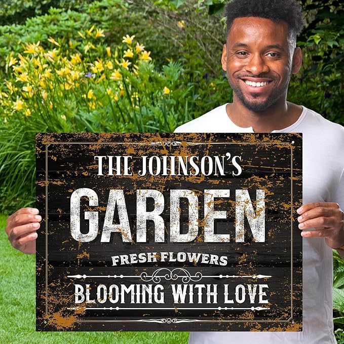 Custom Garden Blooming with Love Sign, Personalized Name for Backyard/Flower Garden Décor Sign, 18x24 Inches, Rust Free .063 Aluminum, Fade Resistant, Made in USA by Sigo Signs