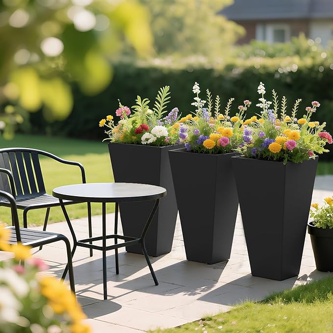 Outsunny Tall Planters for Outdoor Plants Set of 3, 28 in Taper Planters with Drainage Holes, Indoor Grande Plant Pots, Front Porch Decor, Black
