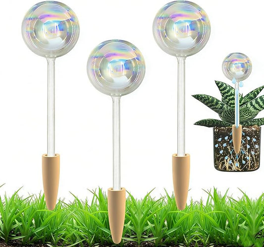 Non-Clogging Iridescent 3 Pack Ball Plant Watering Globes with Terracotta Spikes, Hand Blown Glass Self Watering Planter Insert Plant Watering Devices Bulbs for Indoor and Outdoor Plants