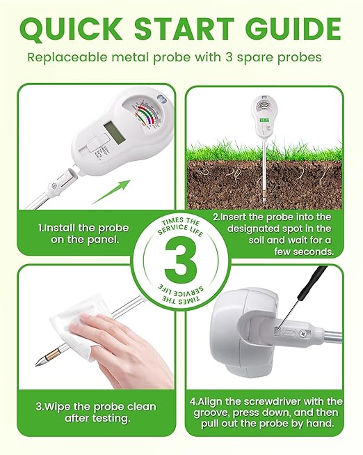 6-in-1 Soil Moisture Meter with 3 Probes, PH/Sunlight/Soil Moisture/Fertility with 3 Removable Probe, Digital Air Temp/Humidity, Soil Tester for Garden, Lawn, Indoor and Outdoor Plants