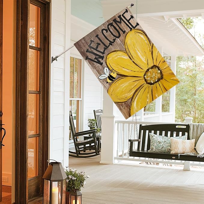 AVOIN colorlife Bee Sunflower Spring Summer House Flag 28x40 Inch Double Sided Outside, Welcome Wood Grain Yard Outdoor Flag