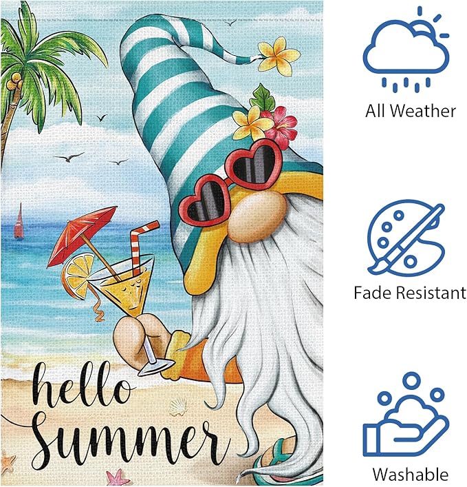 Heyfibro Hello Summer Gnome with Cocktail Garden Flag 12x18 Double Sided Burlap, Hawaii Tropical Beach Holiday Ocean Sea Welcome Flower Yard Banner for Seasonal Outdoor Party Decoration(ONLY FLAG)