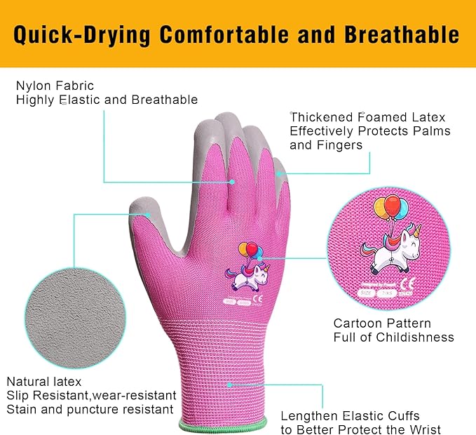 Ages 8-10 Kids Gardening Gloves,Yard Work Gloves for Toddlers, Youth, Girls, Boys, Childrens, Soft Safety Rubber Gloves (XS Age 8-10, 1 Pair Pink Unicorn)