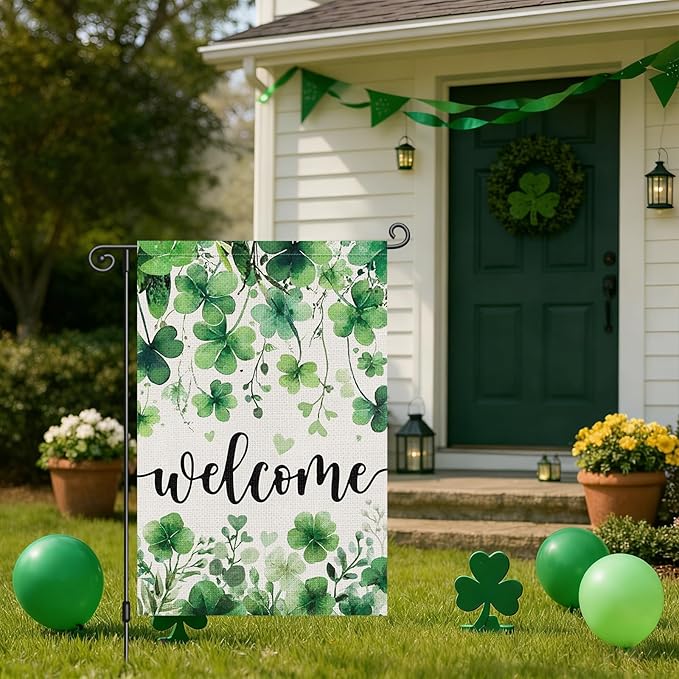 Louise Maelys St Patrick's Day Garden Flag Shamrock Clover Welcome 12x18 Inch Double Sided Small Burlap Love Heart Saint Patricks Spring Holiday Yard Outdoor Sign Outside House Decor