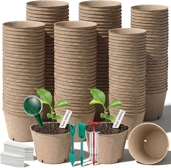150 Pack Peat Pots for Seedlings 100 4-inch & 50 3.15-inch Round Biodegradable Seed Starter Pots with Drainage Holes for Garden Germination Nursery, Includes 150 Plant Labels & Planting Tools