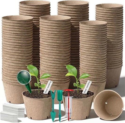 150 Pack Peat Pots for Seedlings 100 4-inch & 50 3.15-inch Round Biodegradable Seed Starter Pots with Drainage Holes for Garden Germination Nursery, Includes 150 Plant Labels & Planting Tools
