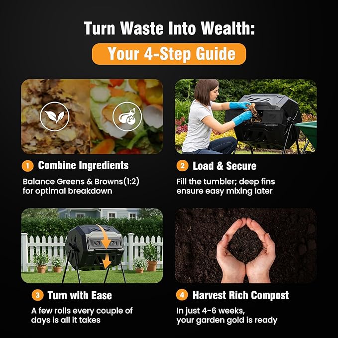 NEWBULIG Compost Bin Outdoor 43 Gallon, Dual Chamber Composter Tumbler Outdoor with Gloves, Efficient 360°Rotating Composting Bin for Patio, Lawn, Home Gardening and Landscape, Black