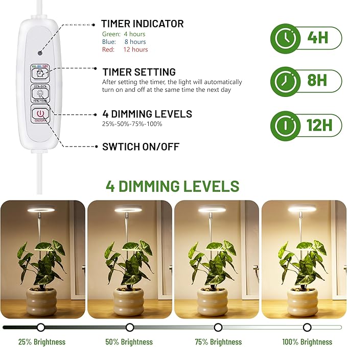 LBW Grow Light for Indoor Plants, Height Adjustable Plant Grow Lamp with Auto On/Off Timer 4/8/12H, 4 Dimmable Brightness, for Small Plants, White, 2 Packs