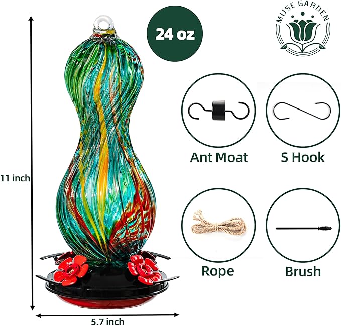 Hummingbird Feeder for Outdoors Hanging, Hand Blown Glass 24 OZ Capacity Hummingbird Bird Nectar Feeders with 4 Feeding Ports, Gifts for Women Mom Outside Garden Backyard Decor