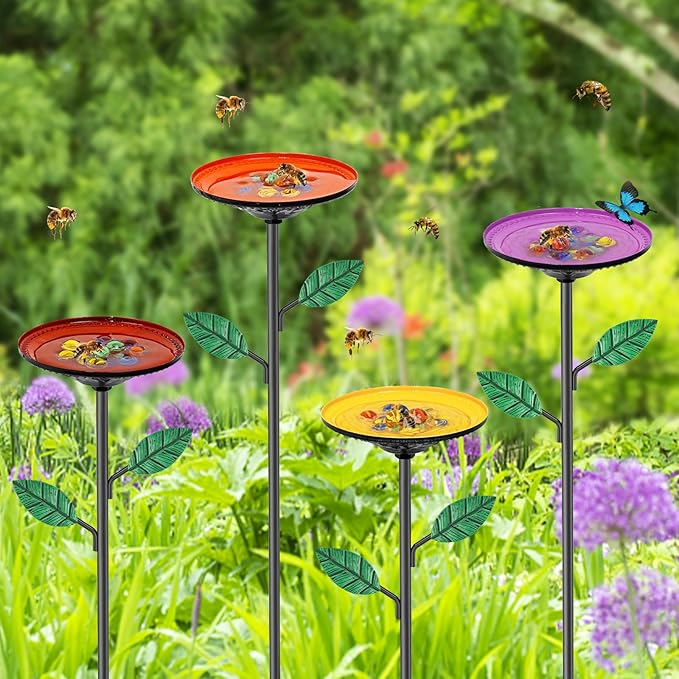 4 Pack Bee Watering Stations, Bee Feeders for Garden with 40PCS Glass Marbles,Colorful Bee Butterfly Bath Bowl Waterer, Metal Bee Water Feeder for Outdoor Yard Courtyard Decor (4Pcs-A)