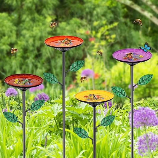 4 Pack Bee Watering Stations, Bee Feeders for Garden with 40PCS Glass Marbles,Colorful Bee Butterfly Bath Bowl Waterer, Metal Bee Water Feeder for Outdoor Yard Courtyard Decor (4Pcs-A)