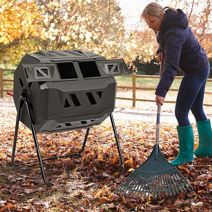 Goplus Compost Tumbler, 43 Gallon Rotating Compost Bin Barrel, Dual Chamber Tumbling Composter with Sliding Door, Gloves, Aeration System for Outdoor, Garden, Yard