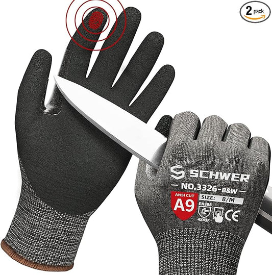 Schwer ProGuard High Level Cut Resistant Work Gloves PR3326 for Extreme Protection，ANSI A9 Cut Gloves with Reinforced Thumb, Non Slip, Durable, Touch-screen, Black 2 Pairs（M）