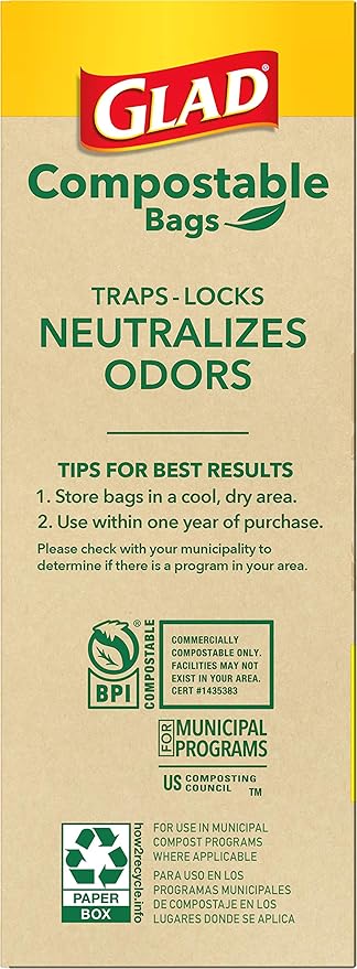 Glad Trash Bags, Kitchen Compost Bags 2.6 Gallon Garbage Bags, 100% Compostable Bag, Febreze Lemon, 44 Count (Package May Vary), Light Yellow