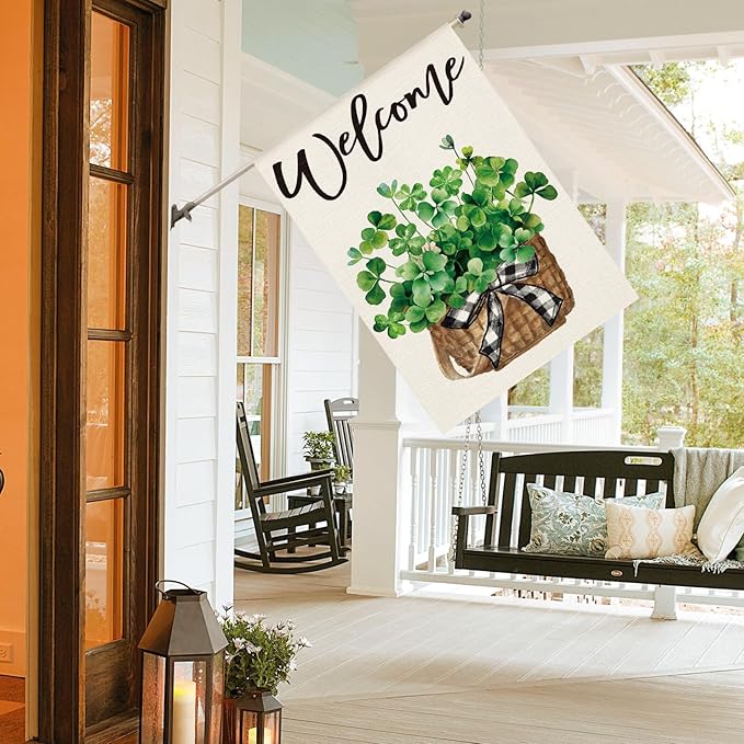 AVOIN colorlife St Patricks Day House Flag 28x40 Inch Double Sided Outside, Lucky Shamrocks Clovers Welcome Yard Outdoor Decoration