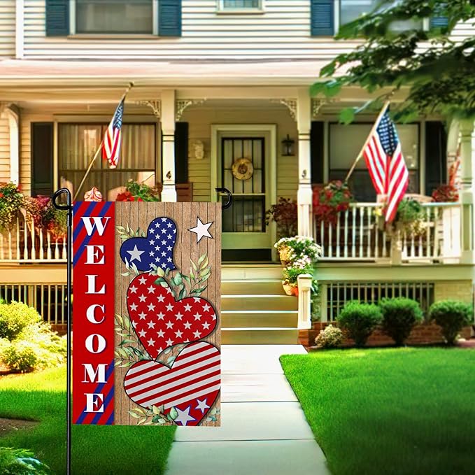 4th of july Garden Flag Patriotic Welcome Garden Flags for Outside American Independece Yard Flags 12 * 18 inch Double Sided Burlap Yard Decoration