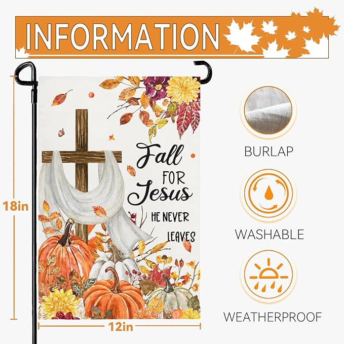 Fall for Jesus Pumpkins Garden Flag 12x18 Double Sided Fall Autumn Religious Cross Small Yard Flags for Outside Seasonal Flags Farmhouse Yard Garden Outdoor Decor