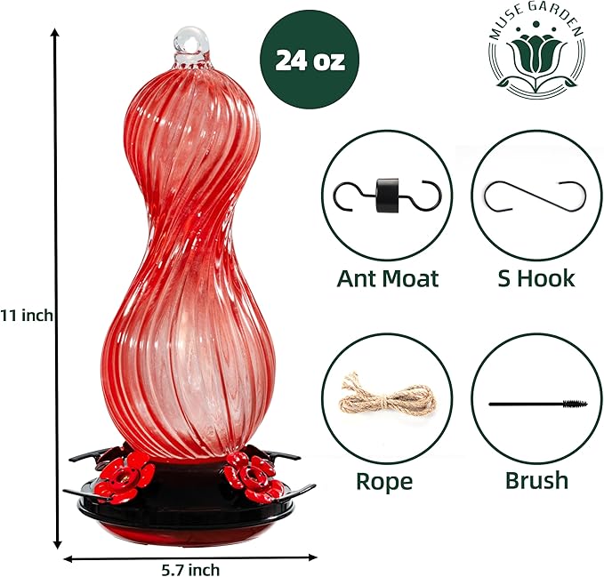 Hummingbird Feeder for Outdoors Hanging, Hand Blown Glass 24 OZ Capacity Hummingbird Bird Nectar Feeders with 4 Feeding Ports, Gifts for Women Mom Outside Garden Backyard Decor