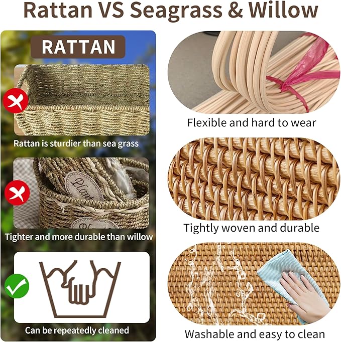 Handwoven Rattan Picnic Basket Sturdy Handles, Round Storage Organizer for Camping, Wedding, Home, Kitchen(11"×11"×4")