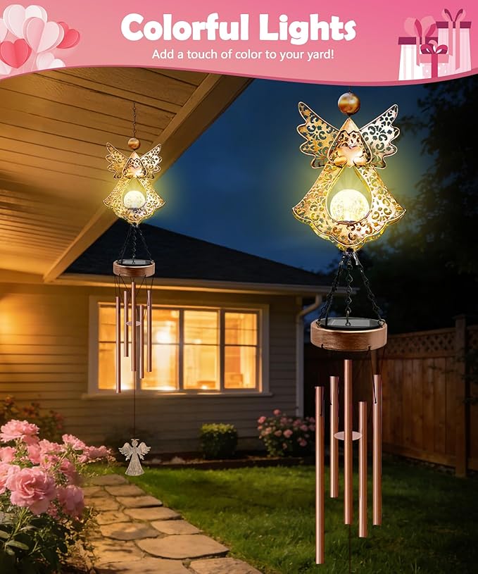 Solar Angel Wind Chimes for Outside: Melodious Mother's Day Birthday Gifts for Mom Women Grandma Her Wife - Weatherproof Metal Outdoor Decor Easy Hanging for Garden Patio Tree Window Memorial
