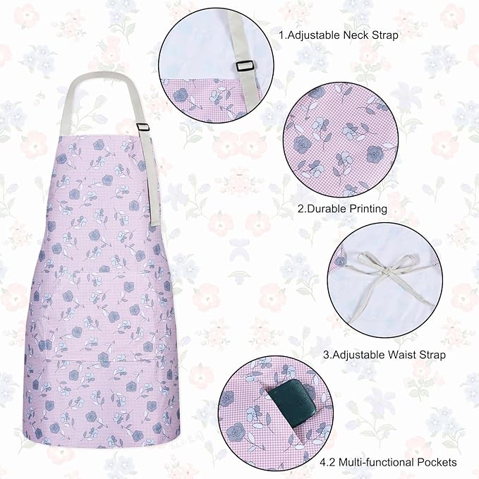 3 Pack Waterproof Floral Aprons for Women, Adjustable Strap Apronwith Pocket Multi-Use for Kitchen, Art, Garden