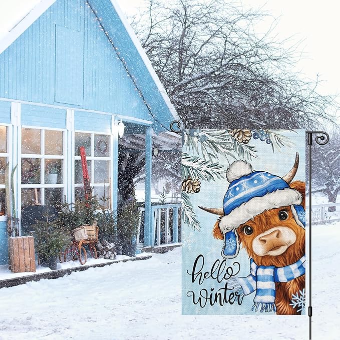 Louise Maelys Hello Winter Garden Flag Highland Cow Snowy 12x18 Inch Double Sided Welcome Christmas Xmas Tree Holiday Seasonal Small Burlap Yard Sign Outdoor House Decor