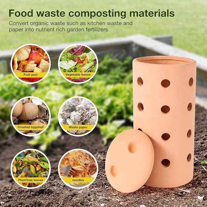 Underground Worm Farm 10 * 4.13 * 4.13Inch Garden Composting bin Ceramics Outdoor Gardening Compost Bin with Holes and Lid Clay for Vegetable Backyard Compost Bin Outdoor