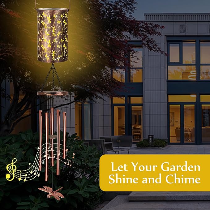 YHmall Solar Wind Chimes for Outside, Dragonfly Gifts for Women Mom Grandma Solar Lantern Windchimes Outdoors, Memorial Wind Chimes for Patio Yard Garden Christmas Decor