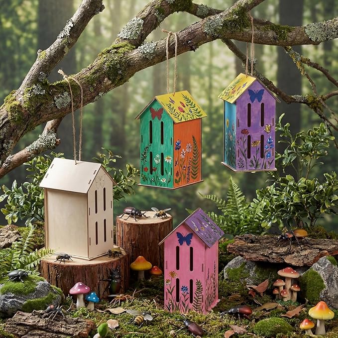 DoubleFill 12 Pack Wood Butterfly House Painting Crafts Kits My First Butterfly House DIY Art Craft Kit with Hemp Rope DIY Cedar Wooden Birdhouse for Building Bee Ladybug Habitat, No Paint