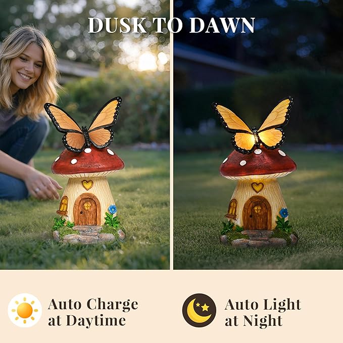 GIGALUMI Fairy Garden Houses Mushroom 9.3",Garden Statues,Fairy Houses for Outside,Fairy Garden Accessories, Butterfly House, Mushroom Decor for Yard, Patio and Birthday Gifts for Mom Women