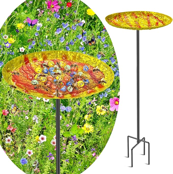 Bee Butterfly Water Station, MeyRolizn Metal Butterfly Puddler with Glass Marbles, Bee Bath Butterfly Feeders with 4 Prongs Base Stake for Outdoors Garden Yard Patio Decor(Ellipse)