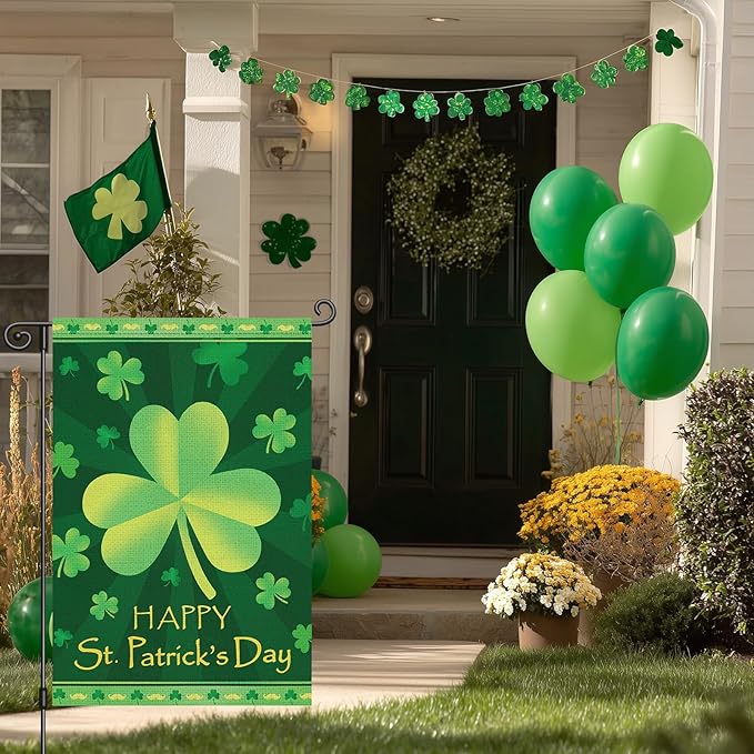 Louise Maelys Happy St Patrick's Day Garden Flag Lucky Shamrock Clover 12x18 Inch Double Sided Small Burlap Welcome Saint Patricks Spring Holiday Yard Outdoor Outside House Decor