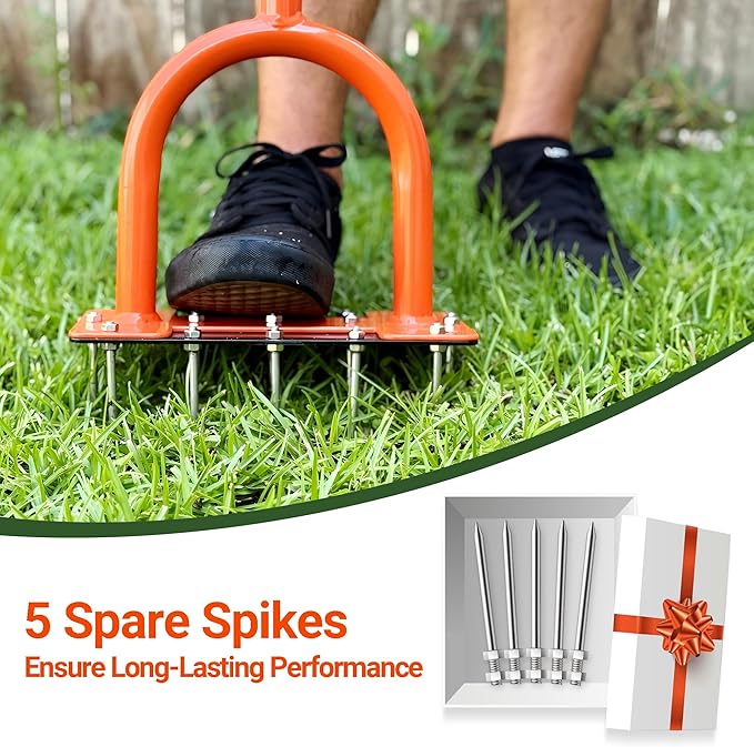 39in Lawn Aerator Spike Tool with 304 Stainless Steel Spikes Heavy Duty Lawn Aerator with Wide Foot Plate Rubber Handle for Soil Aeration, Grass & Yard Care
