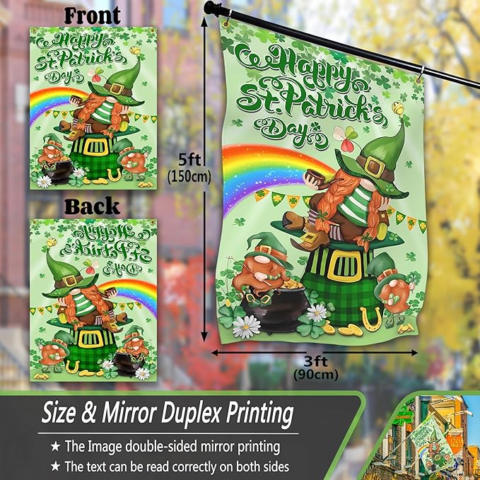 St Patrick's Day Flags for Outside 3x5 Ft Double Sided Irish Lucky Shamrocks Party Flags Durable Polyester St. Patrick's Day Signs for House Indoor Yard Holiday Decoration