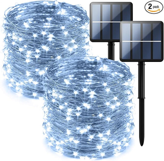 2-Pack 200 LED Solar String Lights for Outside,Solar Fairy Lights for Outside Waterproof,Solar String Lights Outdoor with 8 Modes for Christmas Tree,Balcony, Party,Wedding Decorations(Cold White)