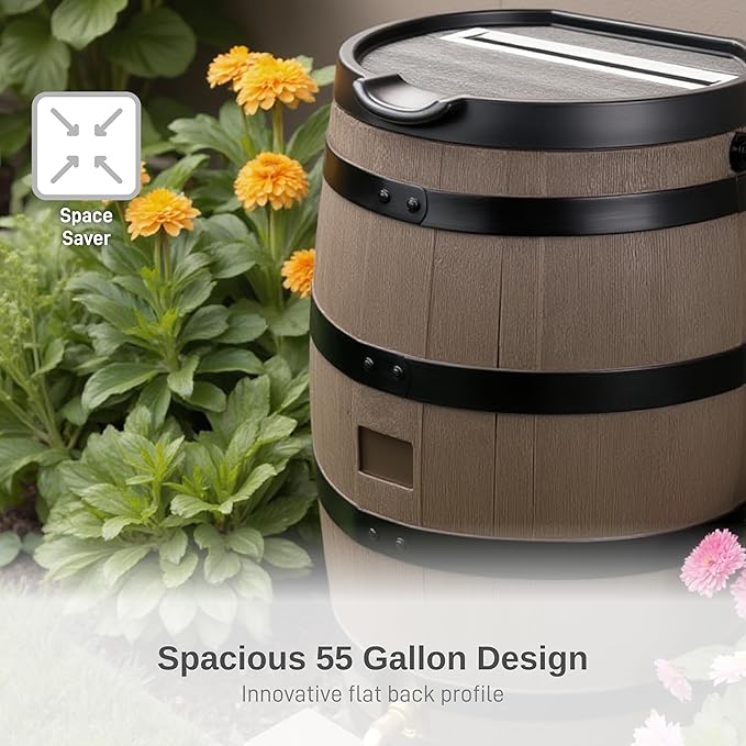 RTS Home Accents Premium 55-Gallon Rain Barrel with Removable Lid, Flat Back Rain Water Collection Barrel, Woodgrain with Black Stripes