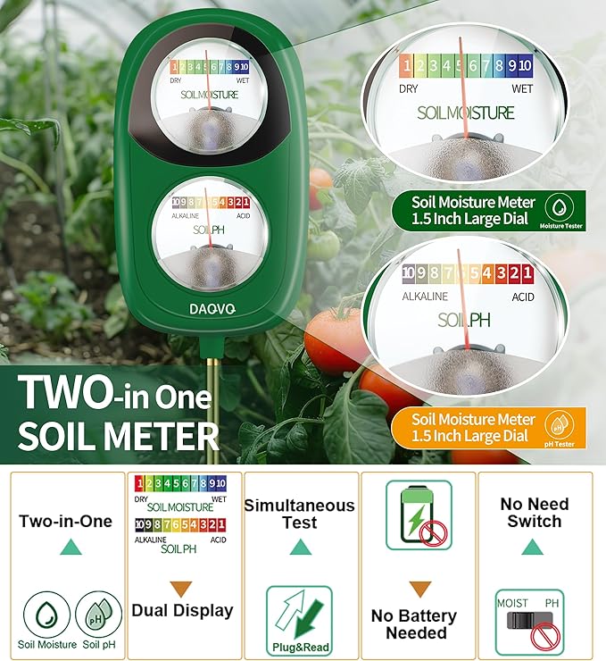 2-in-1 Moisture Meter for Plants, Soil Moisture Meter & PH Meter, Large Dual-Screen Soil Test Kit for Indoor/Outdoor Garden, Lawn, and Farm Use, No Battery Needed, Leaf Green