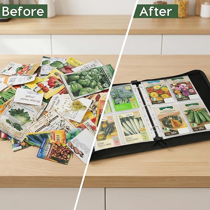 Seed Storage Binder with Handle,120 Pockets Seed Packet Organizer, A4 Size Gardener Notebook with Zipper Closure, 30 Clear Pages for 4x6 Photo/Seed Packets, Garden Seed Keeper (Upgraded Version)