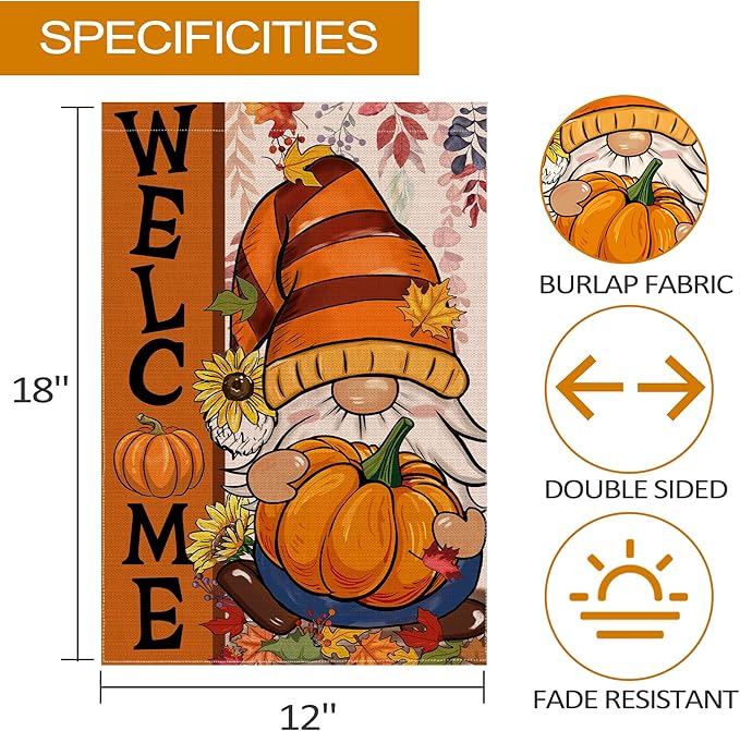 Fall Gnome Garden Flag, Fall Decor Gnomes Yard Flag 12x18 Double Sided Autumn, Autumn Garden Flags Pumpkin Leaves Signs Home Decorations Rustic Welcome Outdoor Farmhouse Thanksgiving