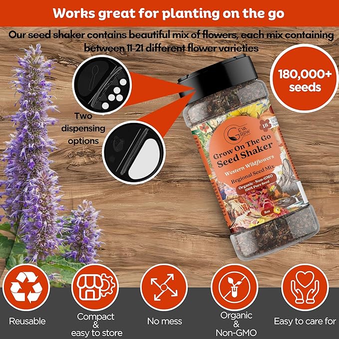 on the Go Seed Shaker - Western Wildflower Seeds Regional Mix - Organic, Non-GMO - 100% Pure Seed - 18 Different Wildflowers Seeds of Annual and Perennial, 8oz