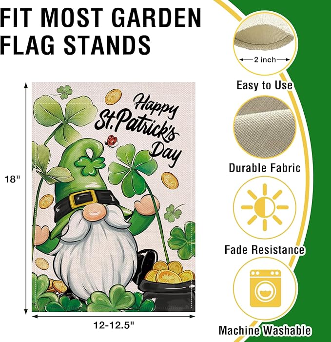 Artofy Happy St Patricks Day Gnome Small Decorative Garden Flag, Pot of Gold Lucky Shamrock Clover Yard Lawn Outside Decor, Irish Spring Burlap Outdoor Home Decoration Double Sided 12 x 18