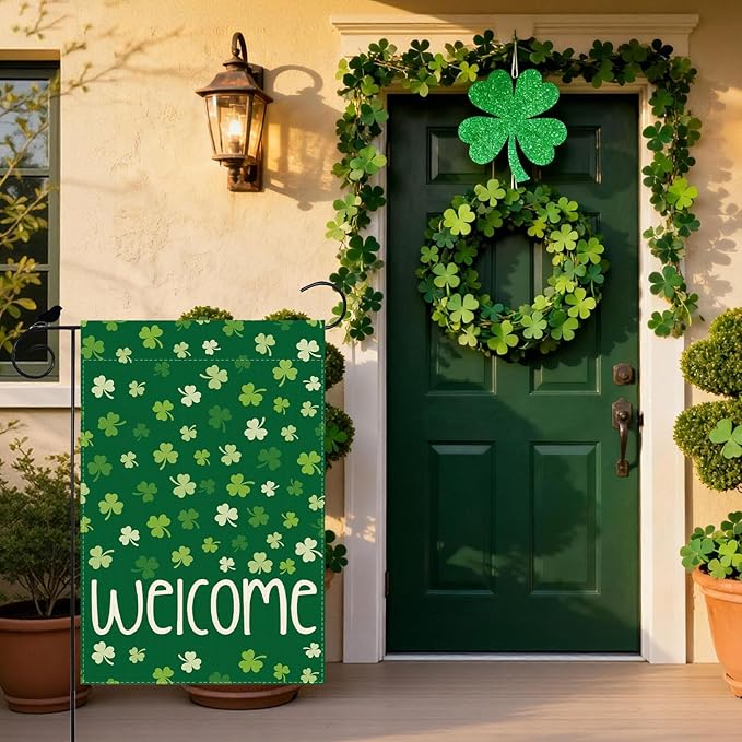 Welcome St. Patrick's Day Green Shamrocks Clovers Garden Flag Yard Flag 12x18 Inch Double Sided Small Mini Yard Outdoor Outside Holiday Decoration